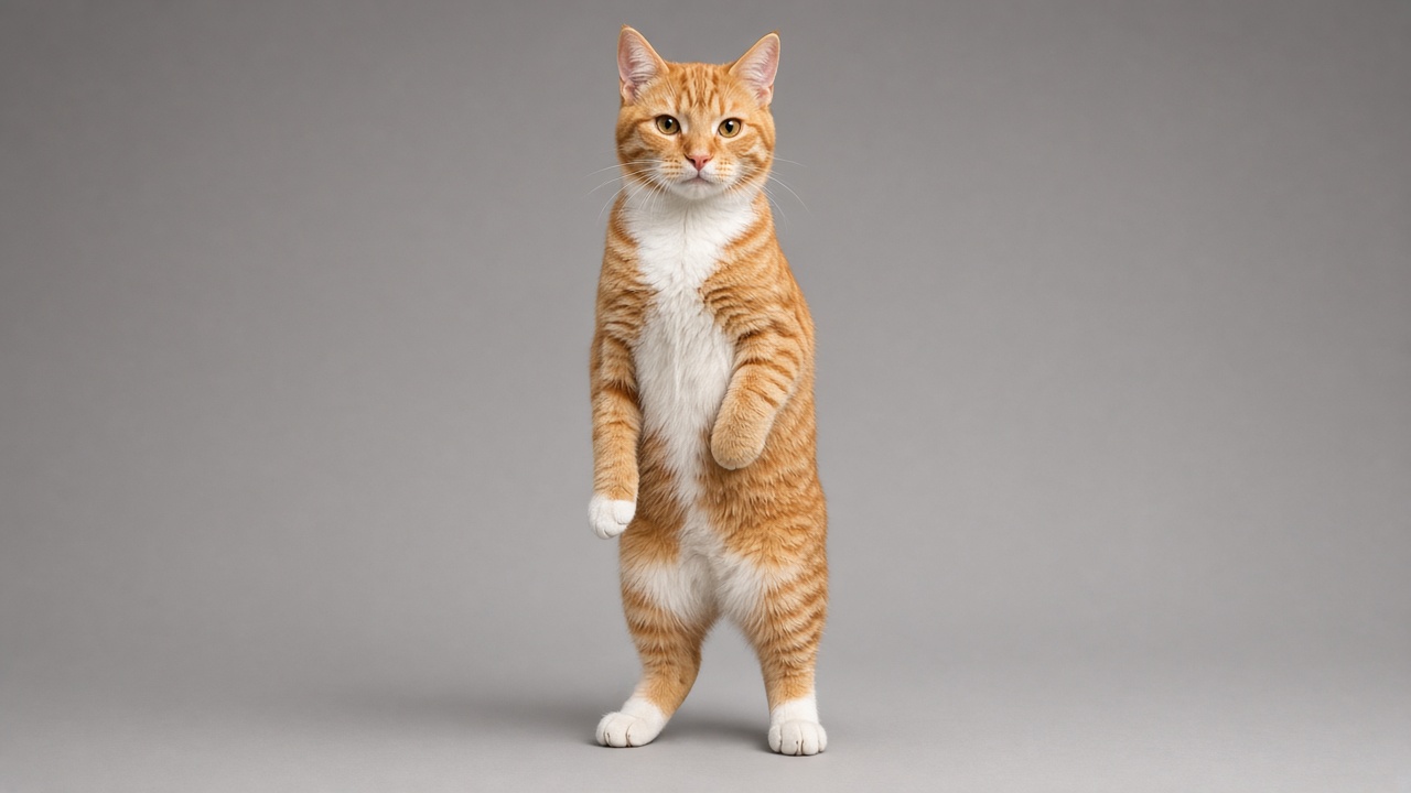 Foto original de un gato atigrado naranja de pie sobre las patas traseras, con fondo gris